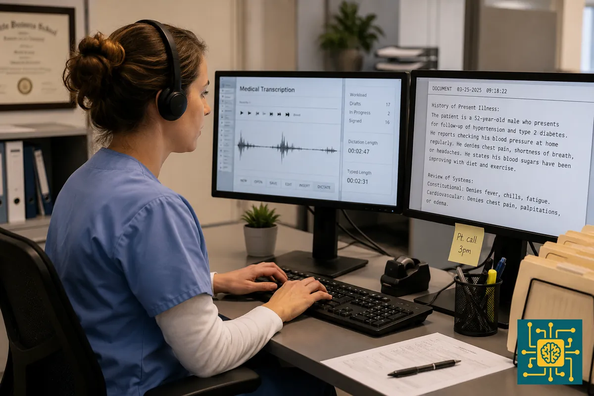A medical transcriptionist typing from dictation audio at a dual-monitor workstation